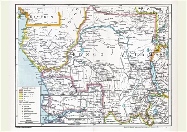 Congo map, central Africa from 1895