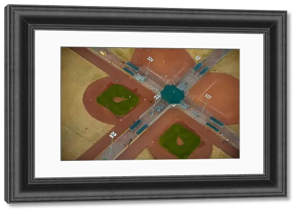 Aerial view over baseball fields