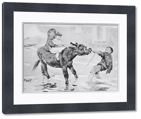 Antique photo of paintings: Donkey with children