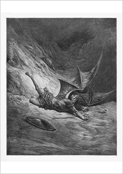 Then Satan first knew pain and writhed him to and fro Victorian Engraving, 1885