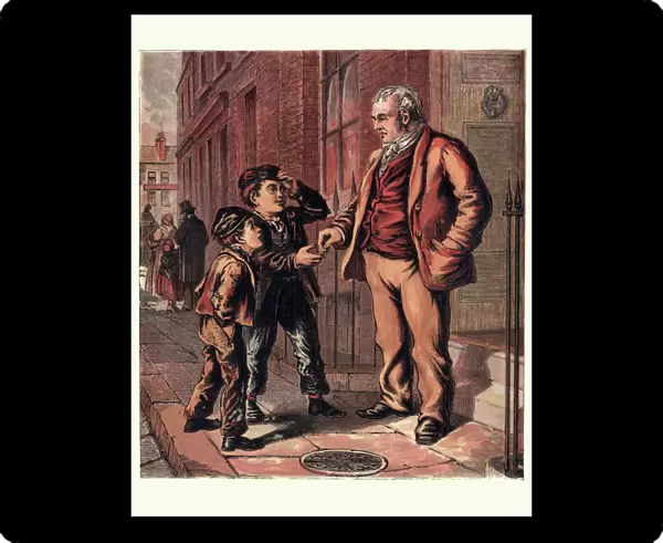 Victorian London orphan boy begging on the street, 1870