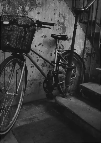 bastille, bicycle, black and white, courtyard, day, dilapidated, green living, healthy living