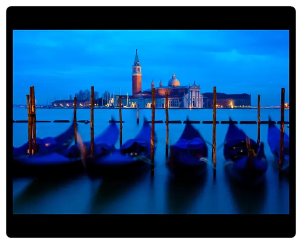 Moored Gondolas and the Island of Saint Giorgio Maggiore at Night