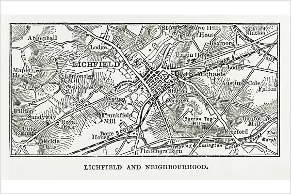 Map of Litchfield in Staffordshire, England Victorian Engraving, 1840