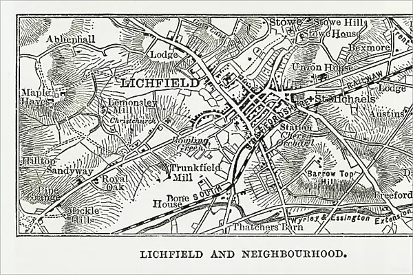 Map of Litchfield in Staffordshire, England Victorian Engraving, 1840