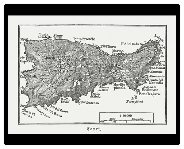 Map of Capri, Italian island, wood engraving published in 1897
