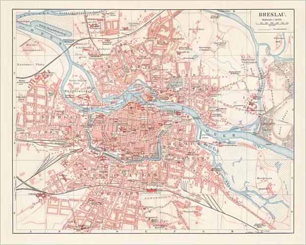 City map of Breslau, (today Wroclaw, Poland), lithograph, published 1897