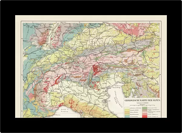 Geological map of the European Alps, lithograph, published in 1897