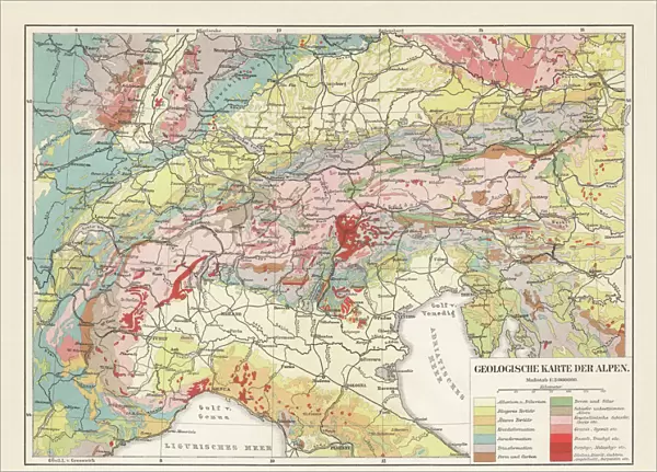 Geological map of the European Alps, lithograph, published in 1897