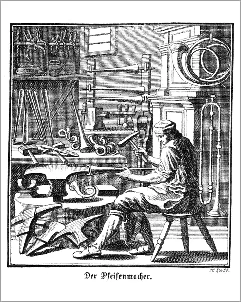 The pipe maker, organ pipes, copper engraving, Regensburger Staendebuch, 1698, Christoph