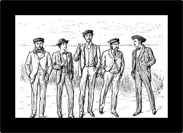 Five bewhiskered Victorian men standing in a line