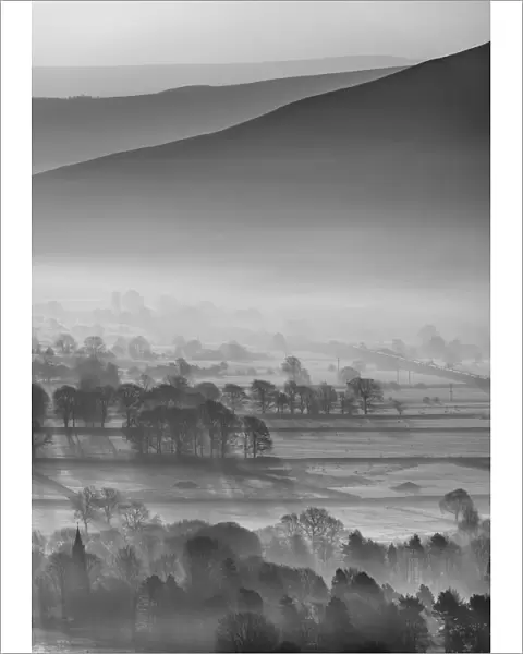 Misty Edale vally in black and white, English Peak District. UK