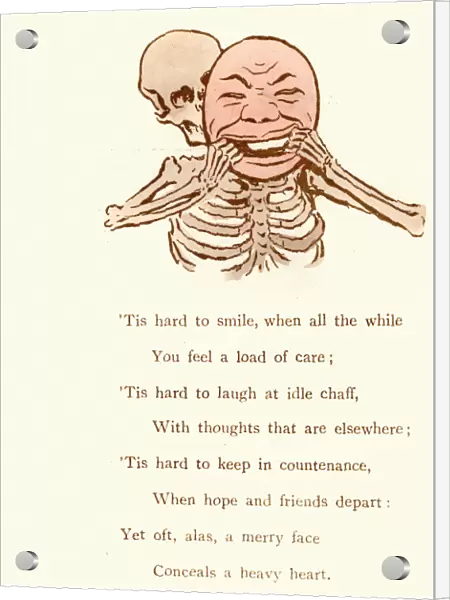 Victorian satirical cartoon, Depression hiding behind a smiling mask