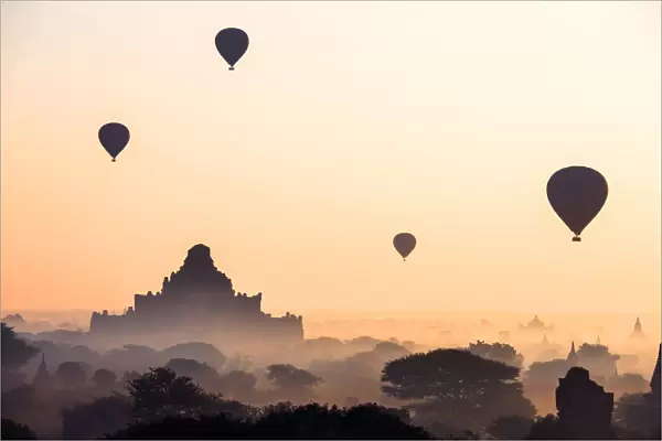 Hot air balloons over the temples of Bagan, Myanmar