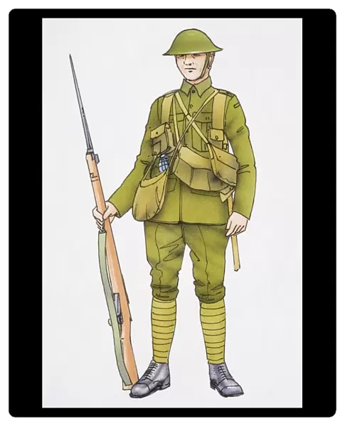bayonet, full length, illustrative technique, looking at camera, male likeness, military