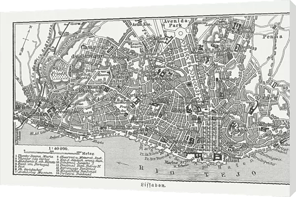 City map of Lisbon, capital of Portugal, woodcut, published 1897