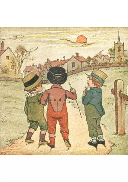 Three little boys walking on a footpath in autumn sunset