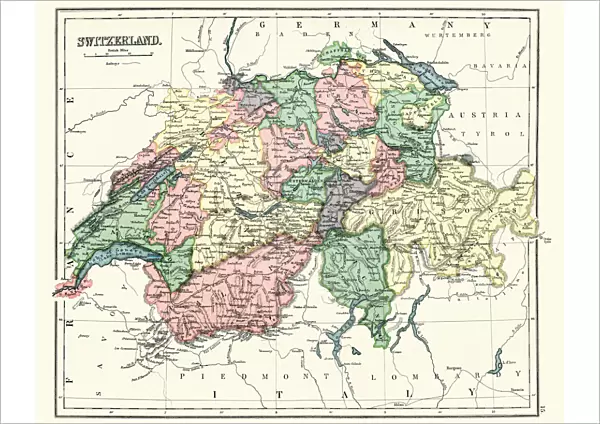 Antique map of Switzerland, 1897, late 19th Century