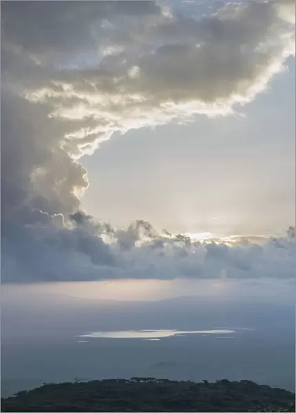 High angle view of Lake Magadi at sunset from the crater rim, Ngorongoro Crater, Ngorongoro Crater Conservation Area, Arusha Region, Tanzania