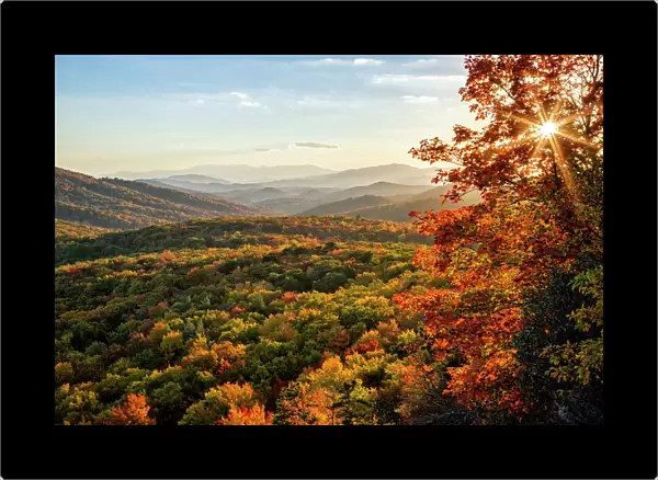 Scenic landscape in autumn from Beacon Heights, Appalachian Mountains, Blue Ridge Parkway, North Carolina, USA