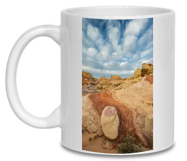 Early morning clouds and colorful rock formations, Valley of Fire State Park, Nevada, USA