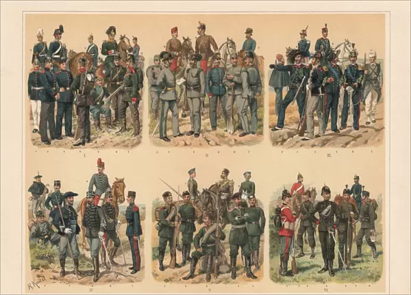 European Jaegers, gunners, pioneers and trains, chromolithograph, published in 1897