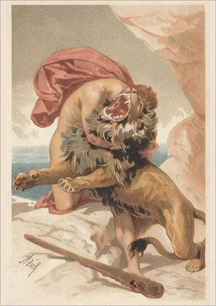 Hercules fighting the Nemean Lion, Greek Mythology, lithograph, published 1897