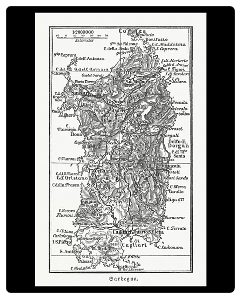 Topographic map of Sardinia, Italy, wood engraving, published 1897