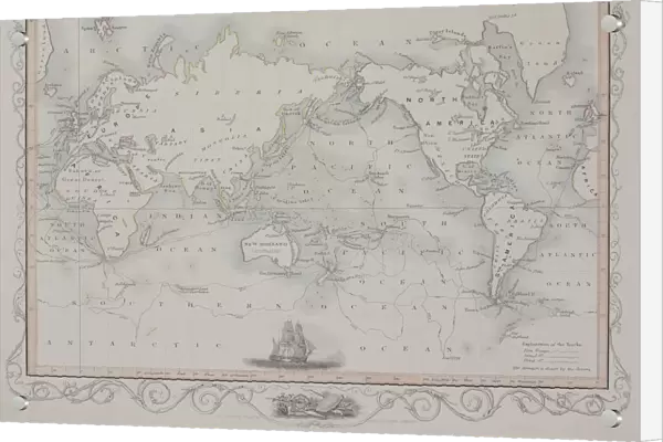 Antique map of old world depicting voyages of Captain Cook