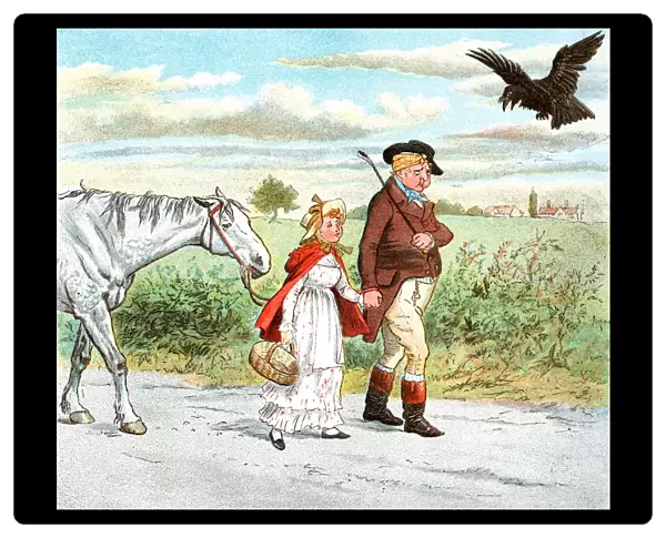 Father, daughter and horse walking home