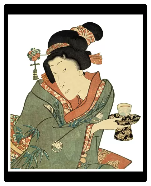 Japanese Woodblock Print Woman and Tea cup
