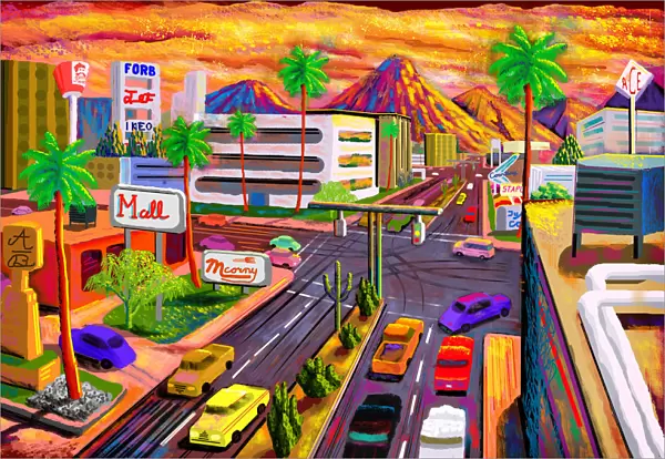 Busy Urban Road Sunset Illustration