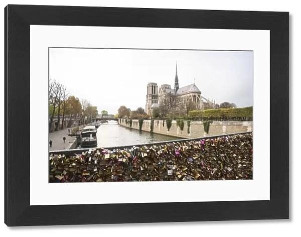 Love locks attached on the railings of the Pont de L Archeveche in Paris