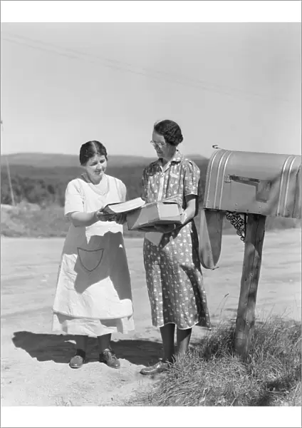 Two women collect mail from country mailbox