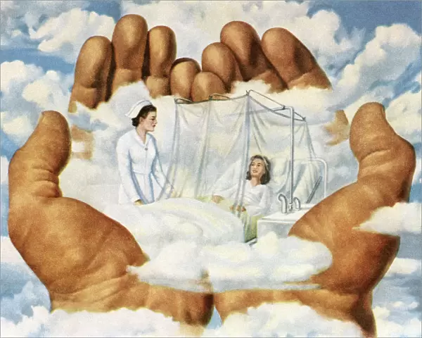 Large Hands Holding a Nurse and Patient with Care