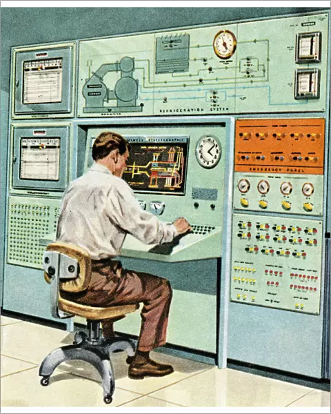 Colored art of a man seated at an old fashioned computer