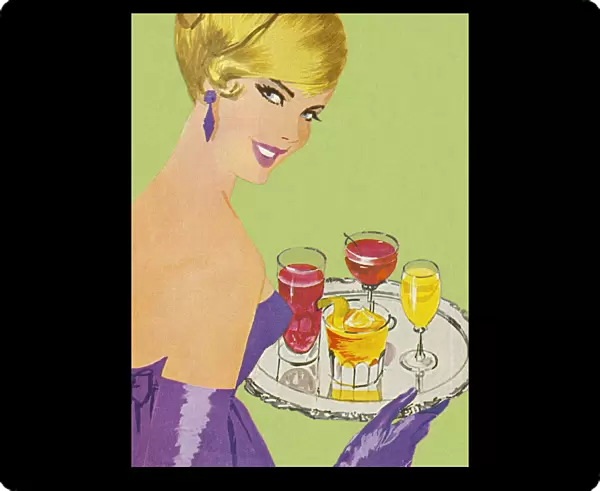 Woman Holding Tray of Drinks
