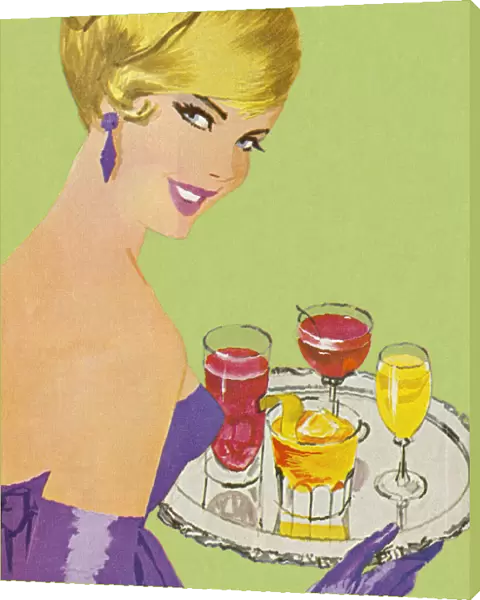 Woman Holding Tray of Drinks