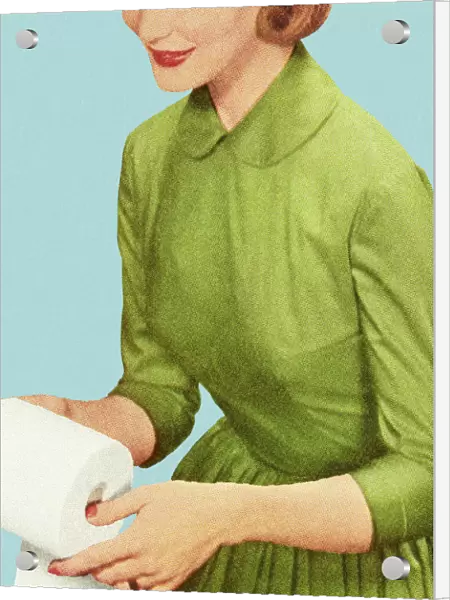 A woman in vintage fashion holding a toilet paper roll