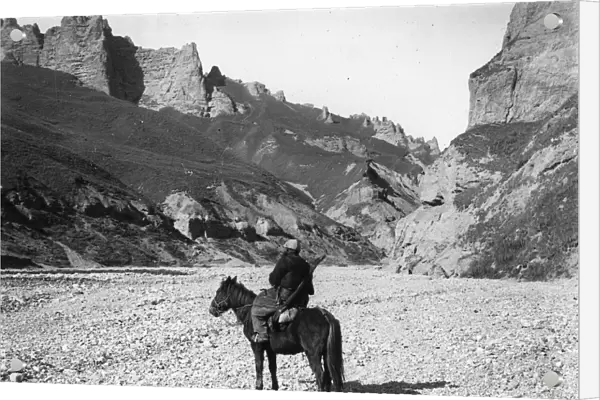 Tein Shan. circa 1895: A rider in the Tein Shan mountains in China