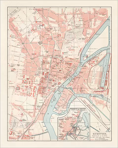 City map of Stettin, Germany (today Szczecin, Poland), lithograph, 1897