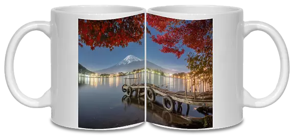 Colorful Autumn Season and Mountain Fuji with leaves at lake Kawaguchiko is one of the