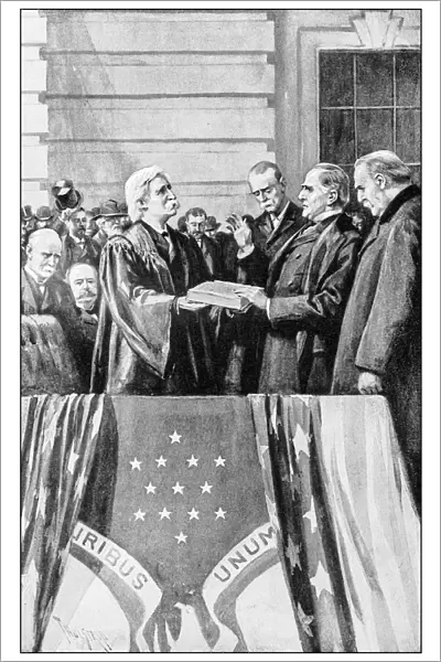 Antique illustration of important people of the past: William McKinley taking the oath