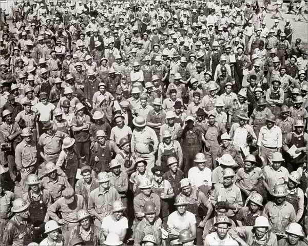 Aerial Of Large Group Of Men Tva Construction Workers Wearing Hard Hats