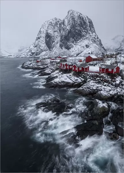 Famous tourist, Hamnoy fishing village on Lofoten Islands, Norway in winter