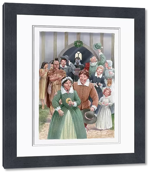 Illustration of Pocahontas and John Rolfe leaving church after their wedding