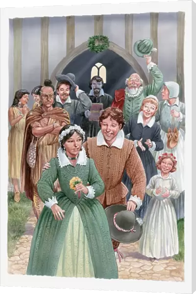 Illustration of Pocahontas and John Rolfe leaving church after their wedding