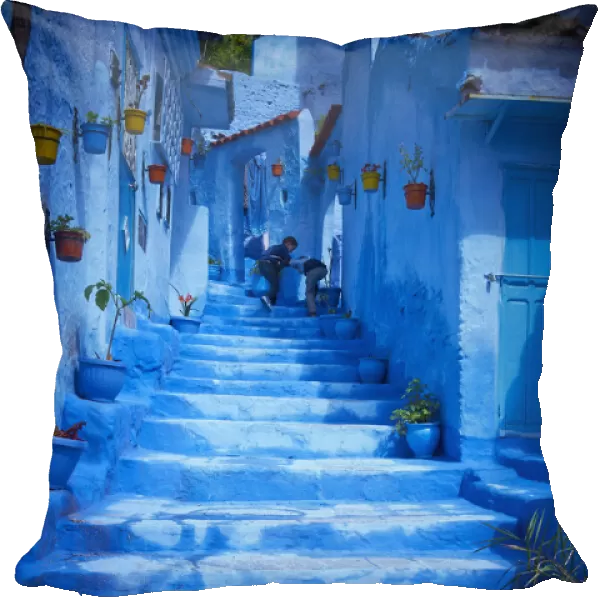 Steps of colorful blue historical village