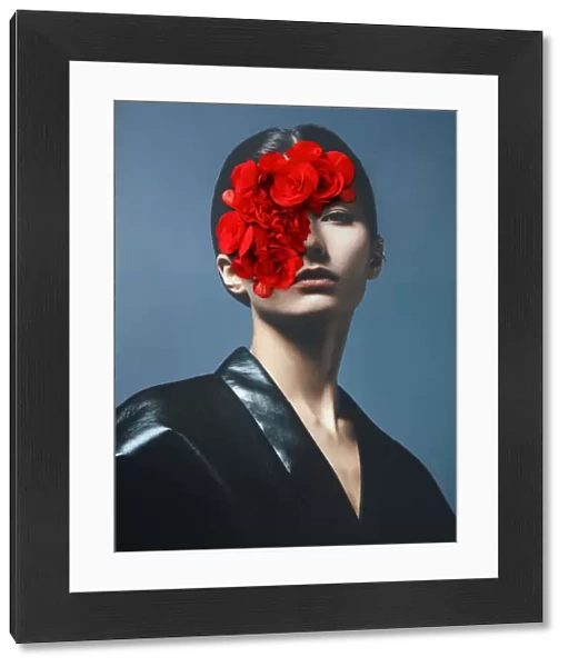 Collage with female portrait and red flowers