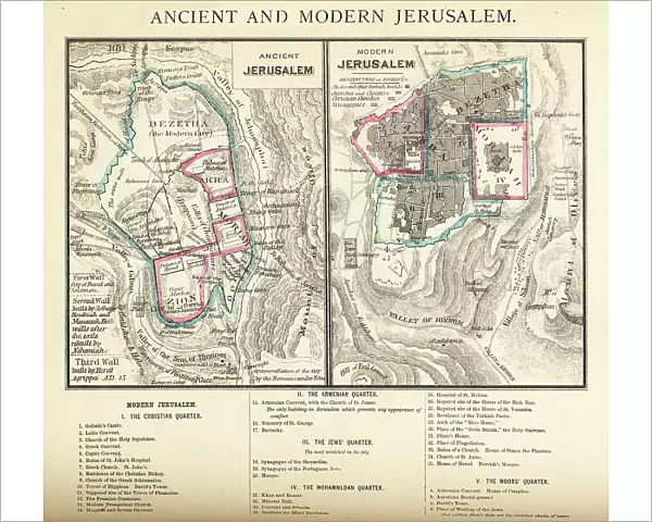 Antique Engraving: Ancient and Modern Jerusalem Map Engraving